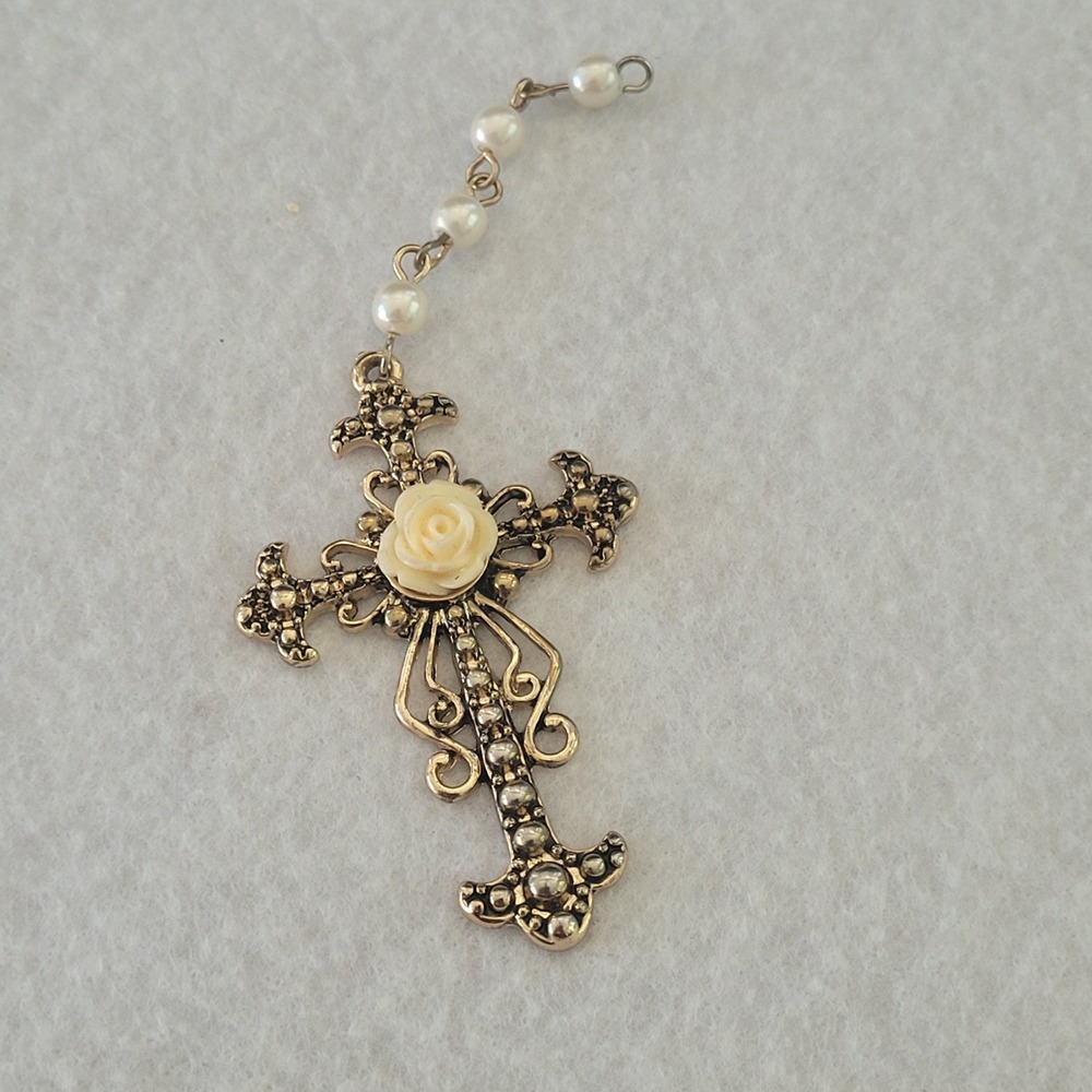Gold Tone Cross Pendant Pearl Rose Filigree Statement Pin 2.25 Inch